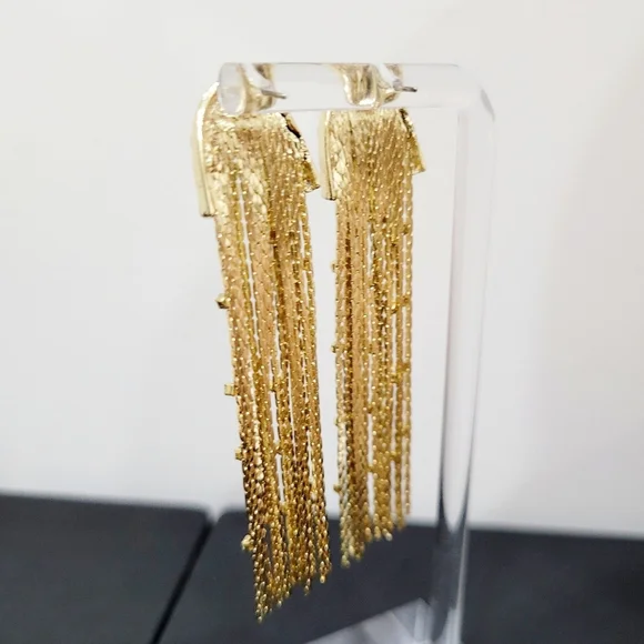 Brand New Gold Tone Rhinestone Tassel Long Earrings - Picture 7 of 8